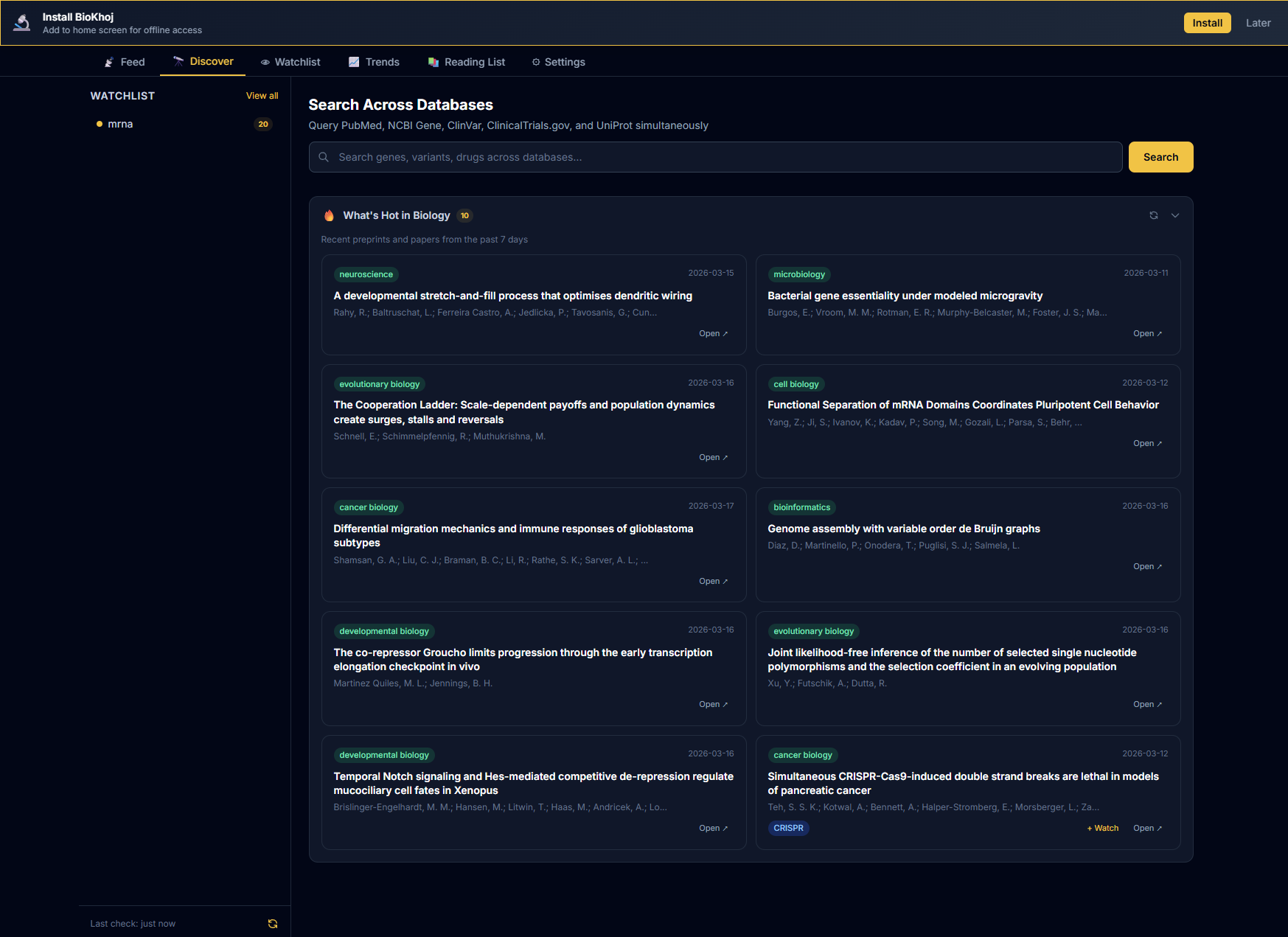 Discover tab with search and filtering options