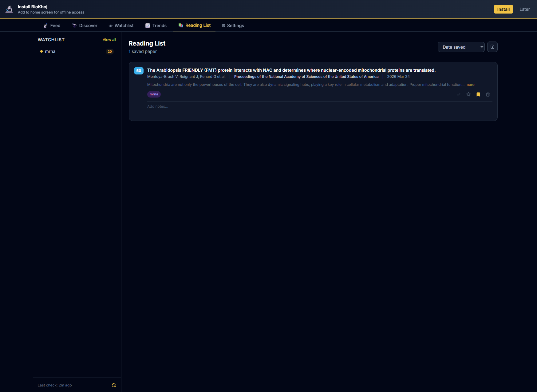 Reading list tab with saved papers, notes, and status indicators