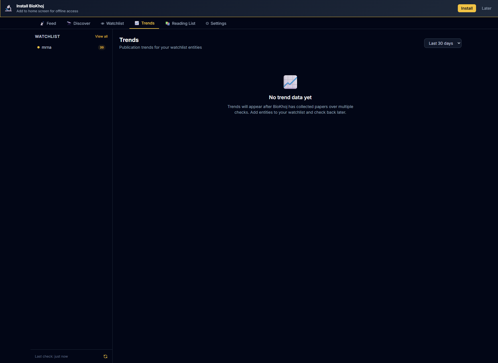 Trends tab showing publication volume charts for watched entities