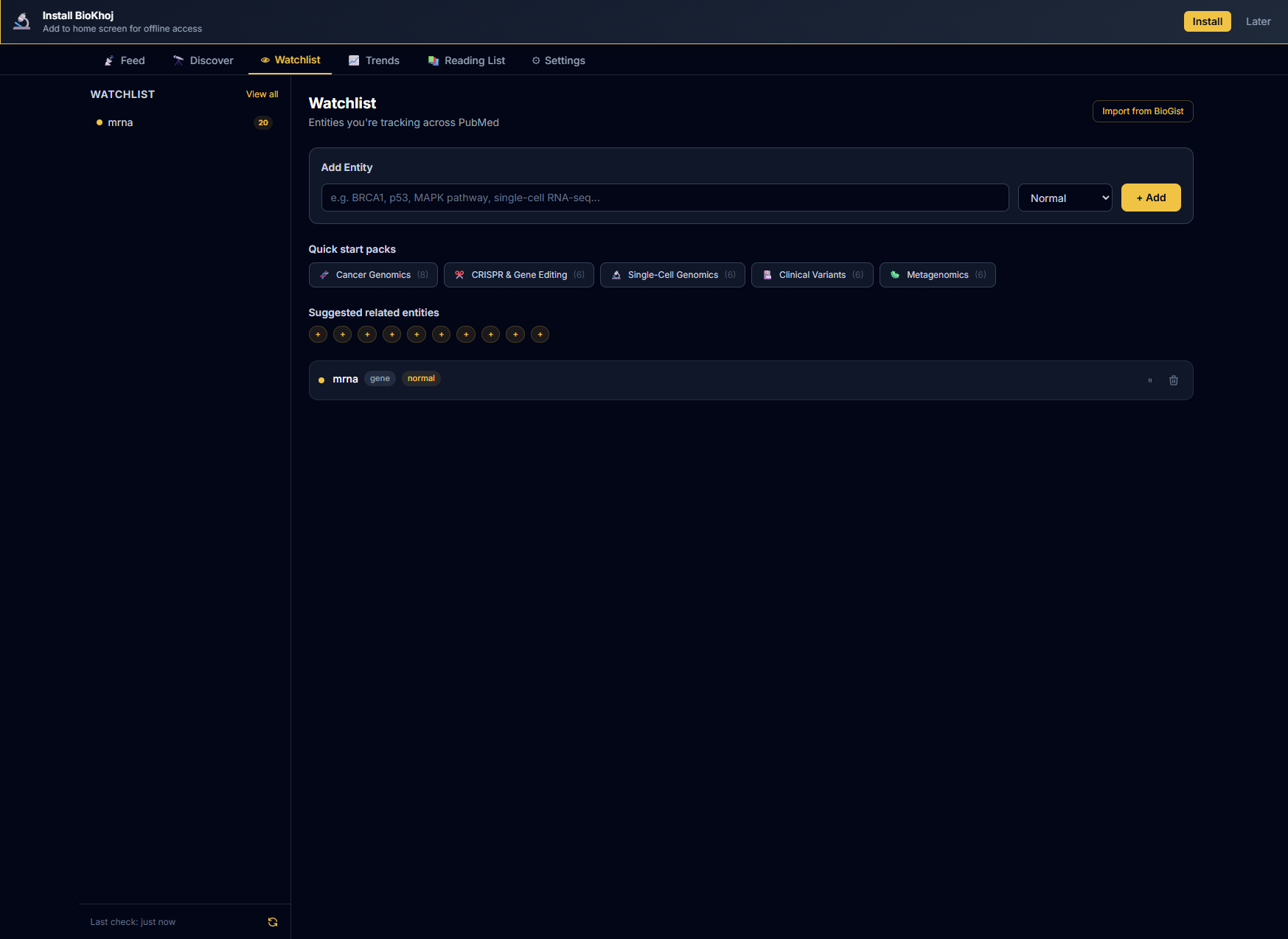 Watchlist tab showing tracked entities with type badges and priority indicators